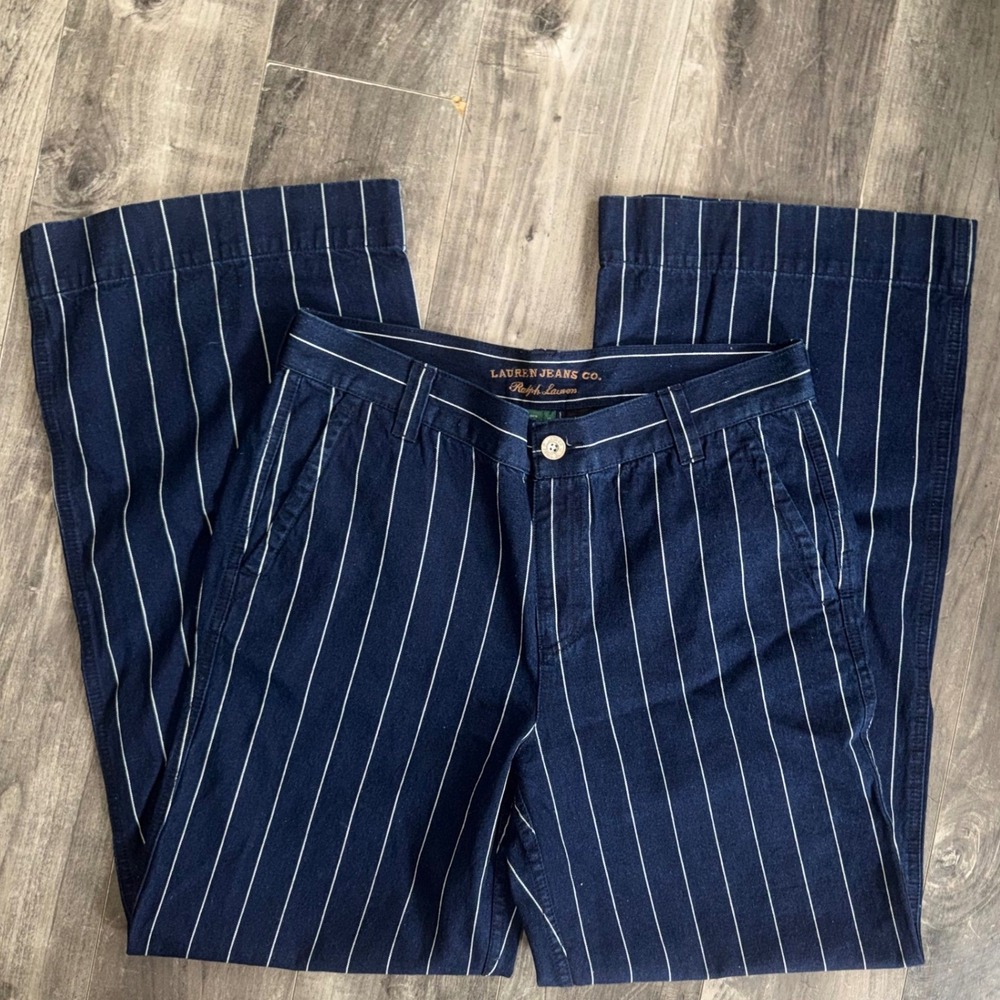 Lauren Ralph Lauren Navy Pinstripe Wide Leg Pants Nautical Size 10 100% Cotton